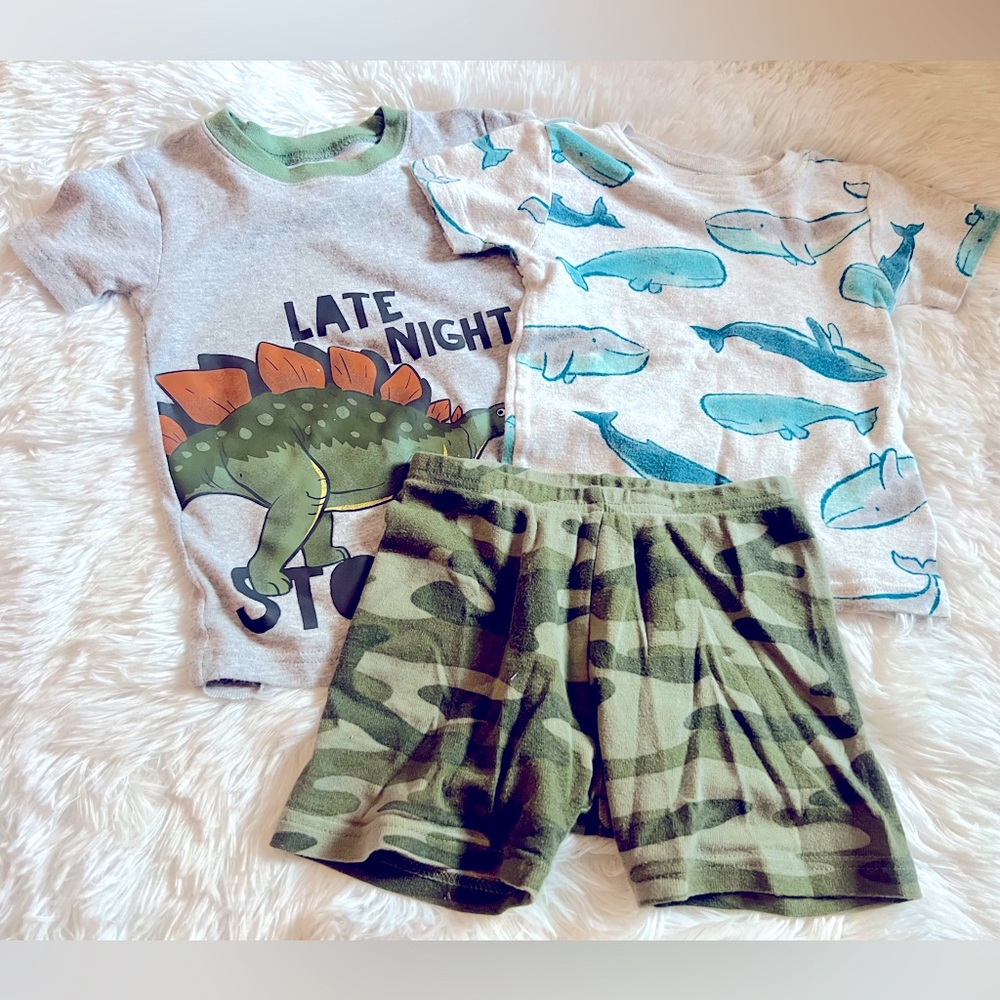 Set of 3 Carters 3T Boys Pajamas Kids PJ Shorts and Tops Whale Camo Dinosaur